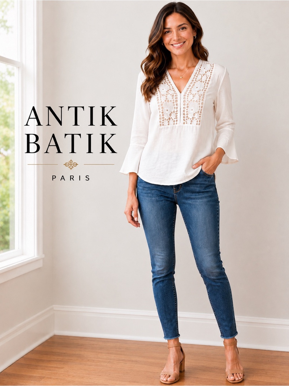 Antik Batik White Linen Blend Crochet Lace Boho Blouse Top Size M/40